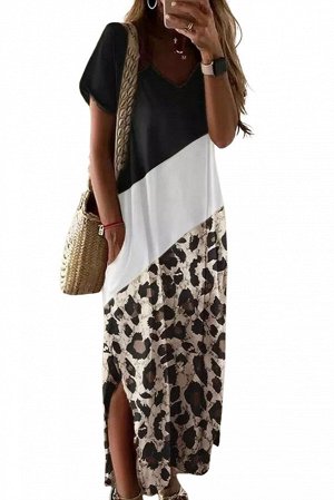 Черное леопардовое платье-футболка в стиле колорблок