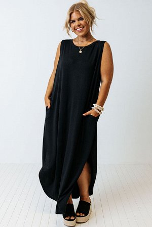 Черное платье-макси плюс сайз с карманами и разрезом