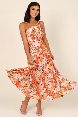 Оранжевое платье-макси с цветочным принтом на одно плечо