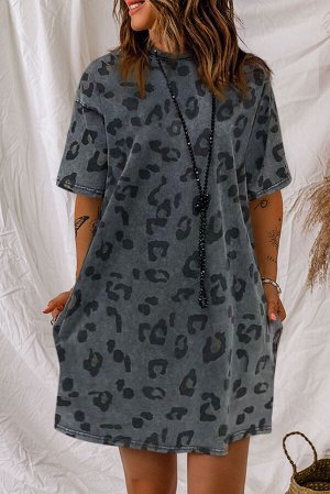 Серое леопардовое платье-футболка