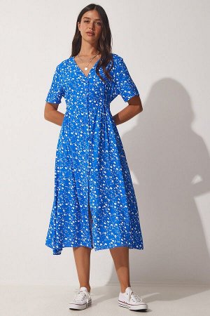 Женское синее летнее вискозное платье на пуговицах с цветочным принтом CI00083