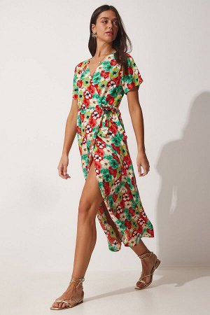 Женское зеленое летнее вискозное платье с завязками и воротником-стойкой TO00062