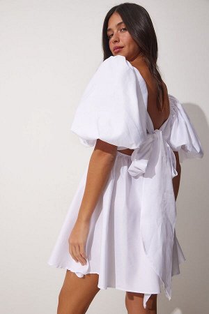 Женское белое расклешенное тканое платье с воздушным шаром и рукавами принцессы с поясом FN03049