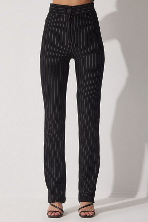 Женские черные полосатые брюки с завышенной талией RV00094