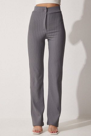 Женские серые брюки в полоску с завышенной талией RV00094