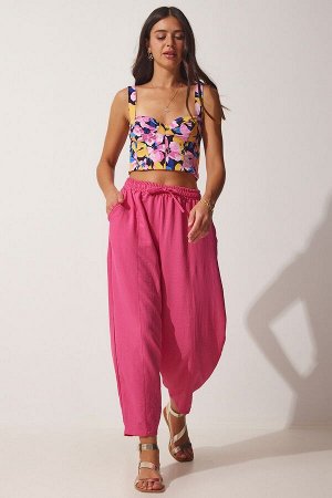 Женские темно-розовые льняные брюки-шалвар DZ00081