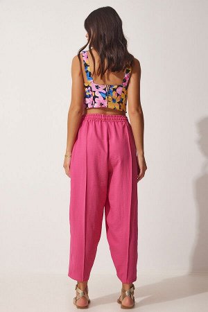 Женские темно-розовые льняные брюки-шалвар DZ00081