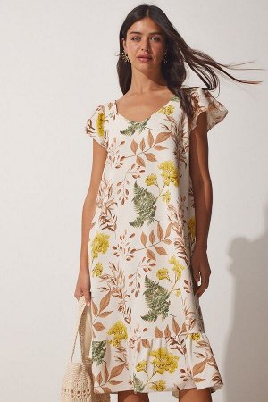 Женское летнее льняное платье трапециевидного силуэта кремового цвета с бисквитным узором ZH00029