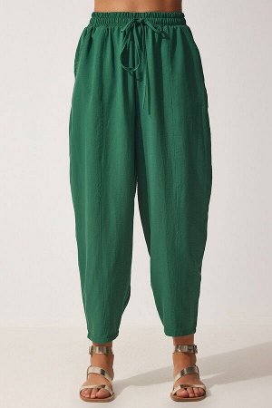 Женские темно-зеленые льняные брюки свободного кроя DZ00081