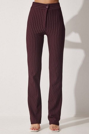 Женские бордовые брюки в полоску с завышенной талией RV00094