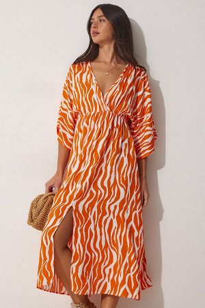 Женское оранжевое летнее длинное платье из вискозы с глубоким v-образным вырезом CI00081