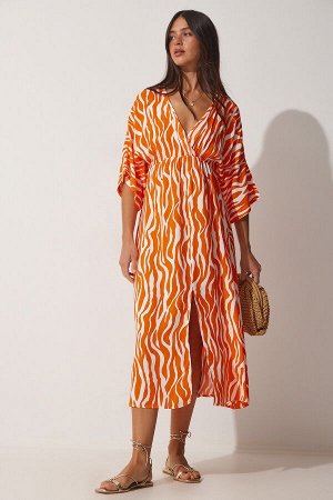 Женское оранжевое летнее длинное платье из вискозы с глубоким v-образным вырезом CI00081