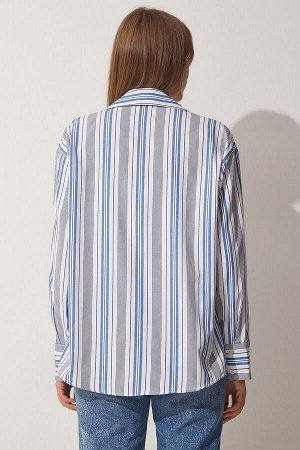 Женская хлопковая рубашка оверсайз в бело-синюю полоску US00909