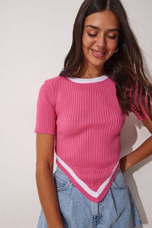 Женская розовая укороченная трикотажная блузка асимметричного кроя FU00007