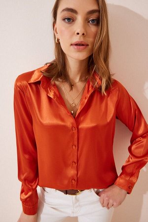 happinessistanbul Женская оранжевая рубашка из легко струящегося атласа DD00990