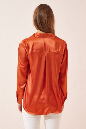 happinessistanbul Женская оранжевая рубашка из легко струящегося атласа DD00990