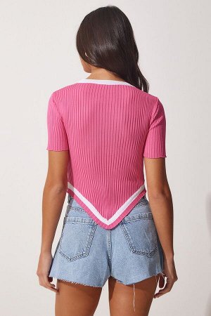 Женская розовая укороченная трикотажная блузка асимметричного кроя FU00007