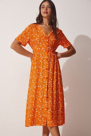 Женское оранжевое летнее вискозное платье на пуговицах с цветочным принтом CI00083
