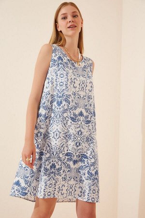 Женское сине-белое мини-платье из льна и вискозы с рисунком BH00343