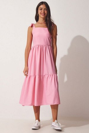 Женское розовое летнее платье из поплина на бретелях ZH00030