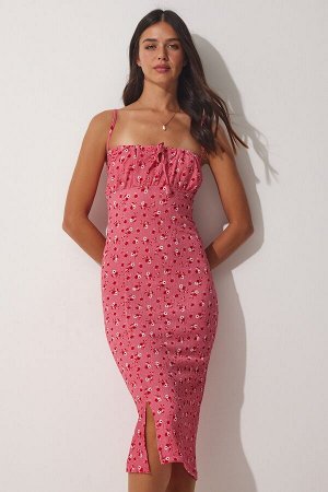 happinessistanbul Женское розовое летнее вязаное платье со сборным воротником и цветочным принтом FF00124