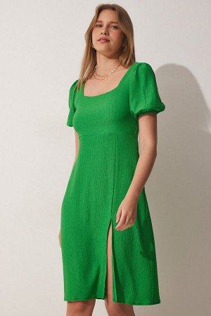 happinessistanbul Женское летнее трикотажное платье зеленого цвета с квадратным воротником DZ00085
