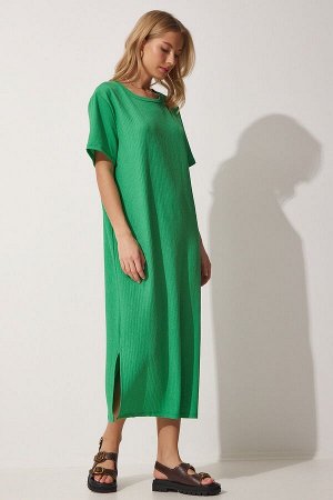 happinessistanbul Женское зеленое свободное длинное повседневное летнее трикотажное платье DZ00076