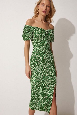happinessistanbul Женское зеленое летнее вязаное платье с воротником «Кармен» и разрезом FF00113