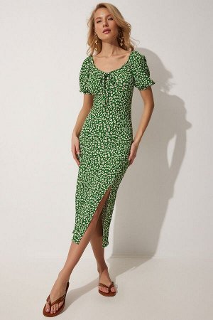 happinessistanbul Женское зеленое летнее вязаное платье с воротником «Кармен» и разрезом FF00113