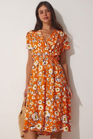 Женское вискозное платье оранжевого цвета с запахом и воротником-стойкой CI00085