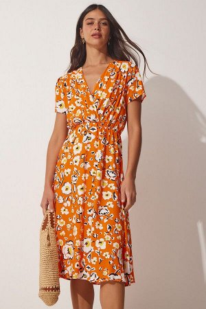 happinessistanbul Женское вискозное платье оранжевого цвета с запахом и воротником-стойкой CI00085
