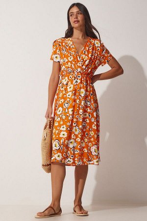 happinessistanbul Женское вискозное платье оранжевого цвета с запахом и воротником-стойкой CI00085