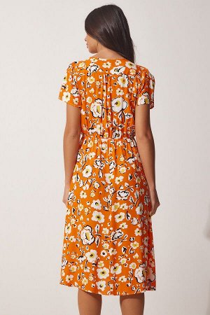 Женское вискозное платье оранжевого цвета с запахом и воротником-стойкой CI00085