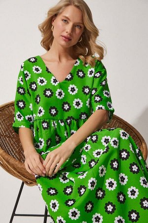Женское свободное летнее платье из поплина зеленого и белого цвета с узором ZH00025
