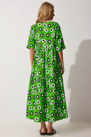 Женское свободное летнее платье из поплина зеленого и белого цвета с узором ZH00025