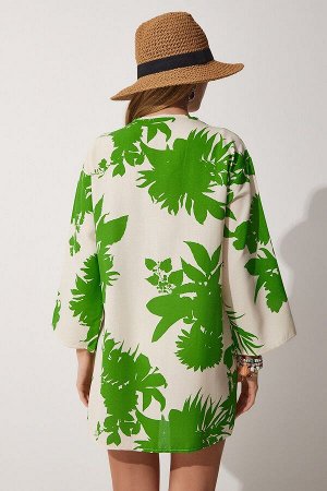 Женское льняное вискозное кимоно бежево-зеленого цвета с рисунком BH00381