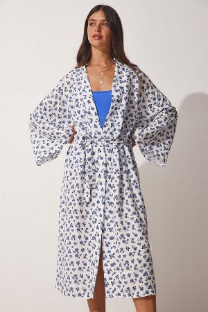 Женское длинное вискозное кимоно сине-белого цвета с цветочным принтом DM00124