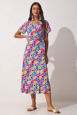 Женское розово-синее летнее вискозное платье с завязками и цветочным принтом TO00062