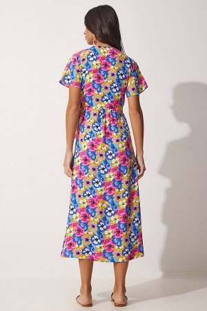 Женское розово-синее летнее вискозное платье с завязками и цветочным принтом TO00062