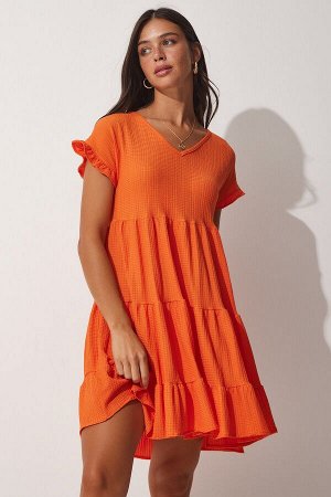 Женское оранжевое летнее расклешенное трикотажное платье с v-образным вырезом и воланами DZ00079