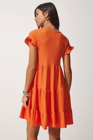 Женское оранжевое летнее расклешенное трикотажное платье с v-образным вырезом и воланами DZ00079
