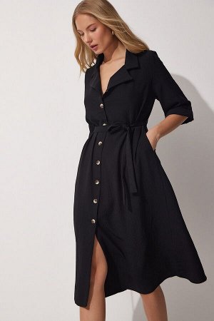 Женское черное летнее платье-рубашка с поясом MX00045