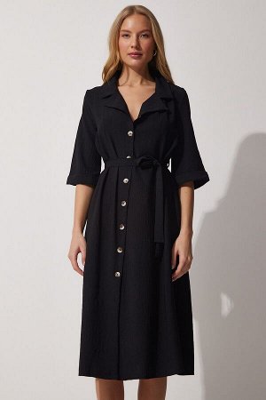 Женское черное летнее платье-рубашка с поясом MX00045
