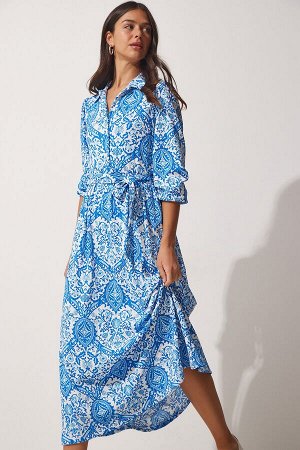 happinessistanbul Женское синее длинное летнее трикотажное платье-рубашка с рисунком MC00182