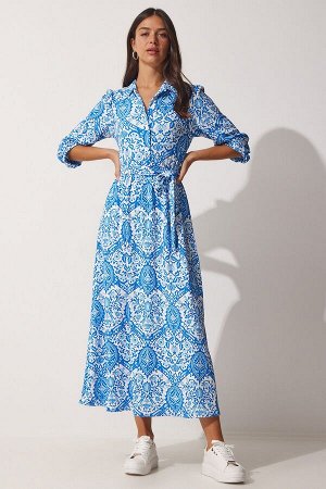 happinessistanbul Женское синее длинное летнее трикотажное платье-рубашка с рисунком MC00182