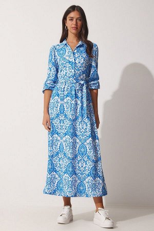 Женское синее длинное летнее трикотажное платье-рубашка с рисунком MC00182