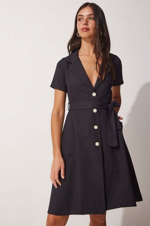 Женское черное тканое платье-рубашка с поясом MX00088