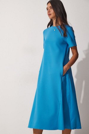 Женское синее летнее платье А-силуэта из чесаного хлопка UB00060
