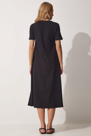 Женское черное летнее платье А-силуэта из чесаного хлопка UB00060