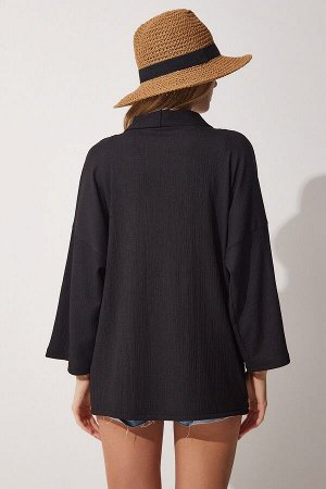 Женская черная сезонная куртка с многослойным воротником и текстурированной отделкой DD01064